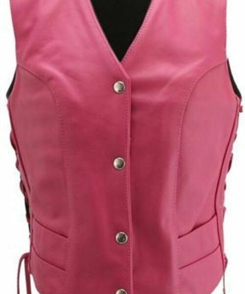 Women's Hot Pink Faux Leather Biker Motorcycle Vest - Side Laces