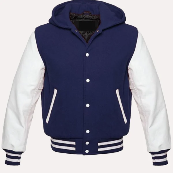 Blue and White Men Hooded Varsity Jacket