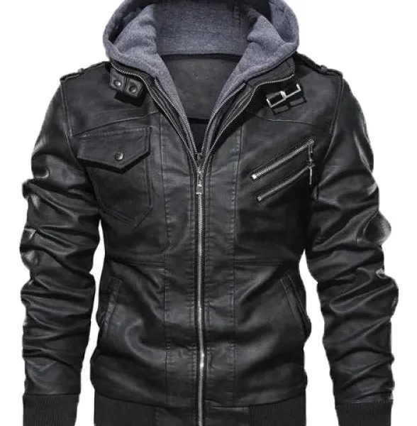 Mens Slimfit Real Leather Black Bomber Jacket With Removable Hood